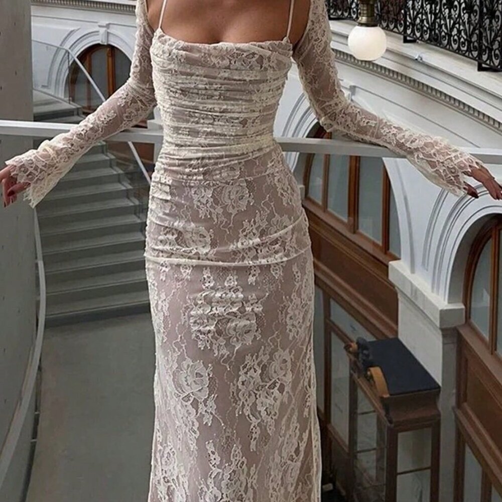 White Elegant Women's Sexy Lace Ruffle Spaghetti Strap Dress With Shawl - Picture 2 of 2